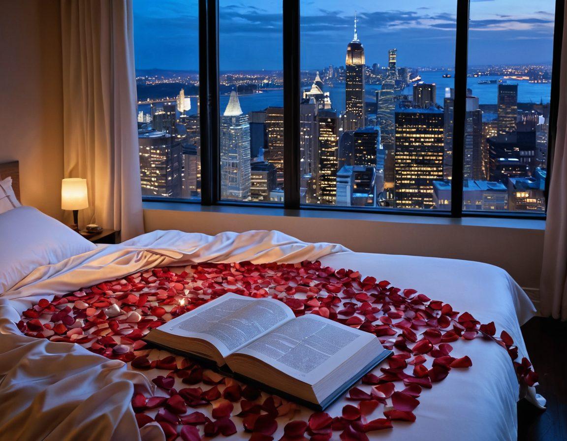A romantic, inviting bedroom setting with soft, warm lighting, featuring a beautifully set bed draped in silky sheets, and scattered rose petals. In the foreground, a couple's intertwined hands gently resting on a book titled 'Secrets to Sensual Encounters'. A hint of a city skyline can be seen through a window, suggesting connection to the outside world. The atmosphere is intimate and alluring, evoking feelings of warmth and closeness. super-realistic. vibrant colors. soft focus.
